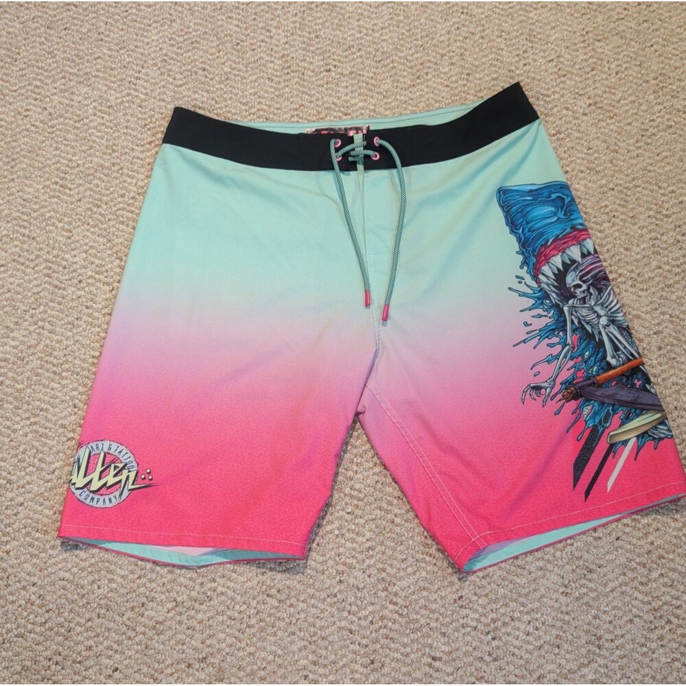 Sullen Art Collective Board Shorts Swim Trunks Mens 34 Skeleton Shark Surf Beach